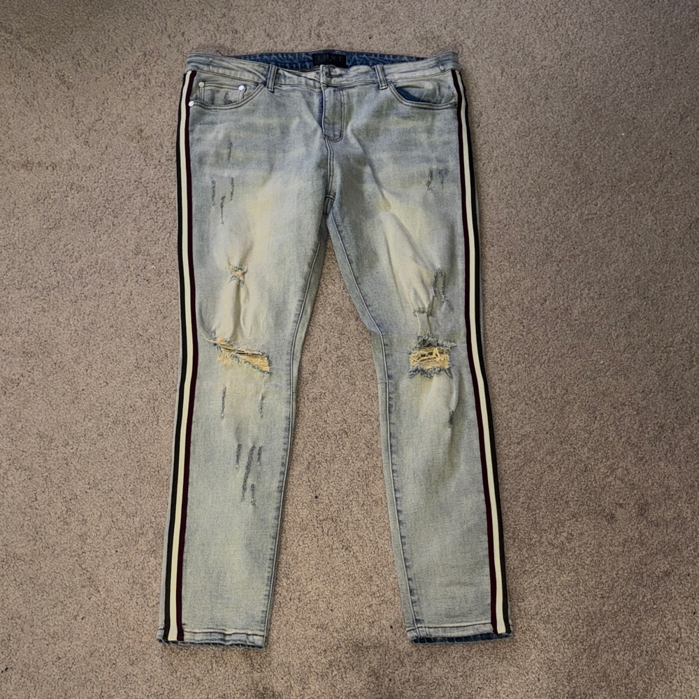 THRT Stylish Light Blue Distressed Jeans with Side Stripes